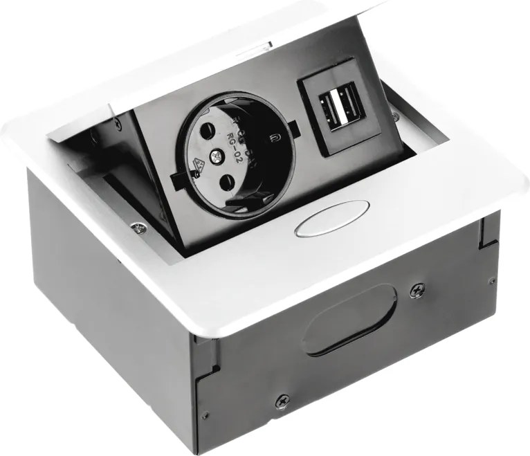 Priză încorporabilă în blat Avaro GTV, 1 priză Schuko, 2 x USB A, alb L:135 mm; l:135 mm, Aluminiu/Plastic, Alb
