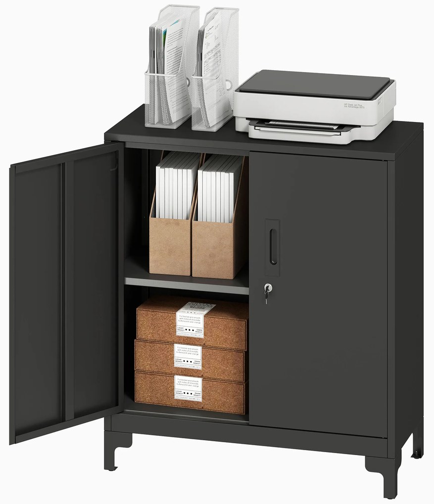 HOMCOM Dulap birou din metal, uși blocabile, comodă de birou, design cu două niveluri, Negru | Aosom Romania