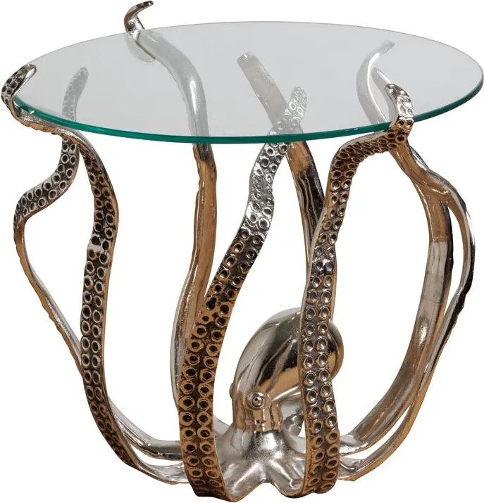 Măsuță laterală sculptată rotundă din aluminiu și sticlă, argintiu, cu bază în formă de caracatiță, 53 x 53 cm, „Octopus”