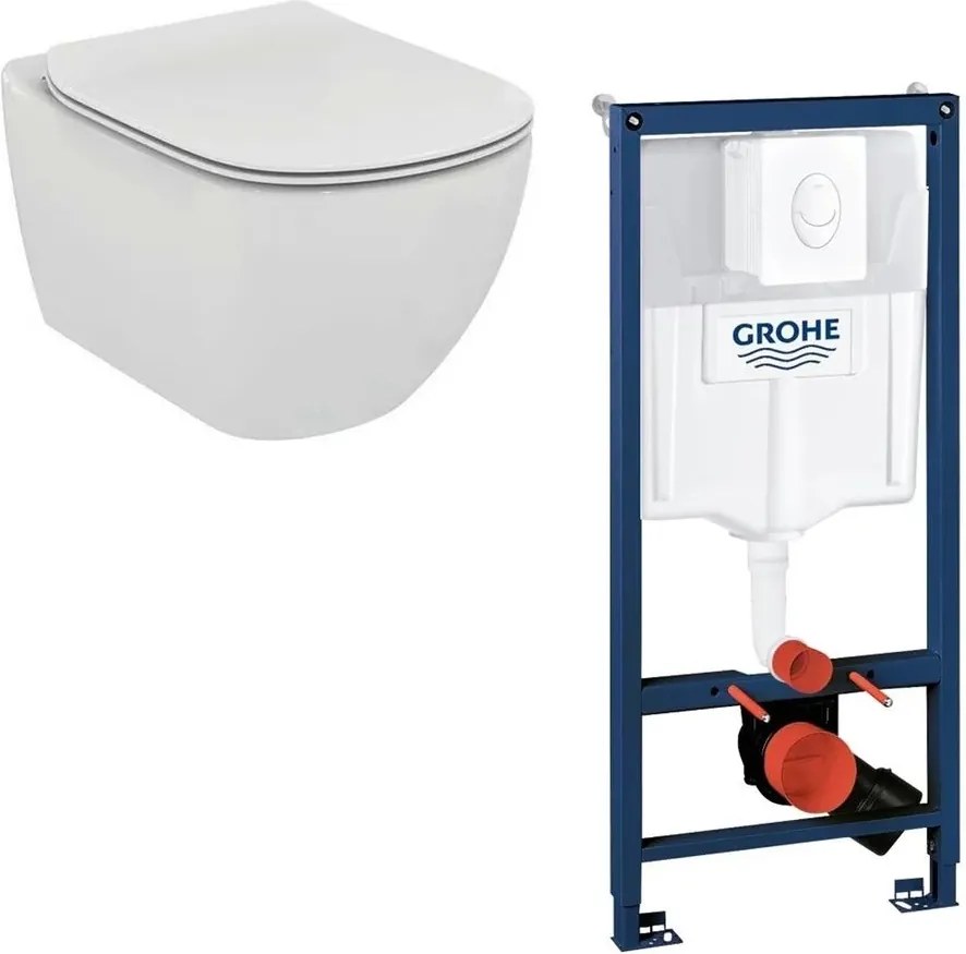 Set vas wc Ideal Standard Tesi AquaBlade cu capac soft close si rezervor Grohe cu clapeta alba Skate Air