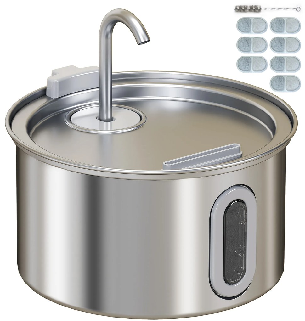 PawHut Fântână din Inox 2,5L pentru Pisici cu LED și 2 Moduri de Flux, Argintiu | Aosom Romania