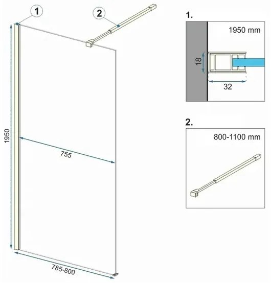 Paravan de dus tip Walk-in Rea Aero N 80x195 cm si etajera cu suport auriu