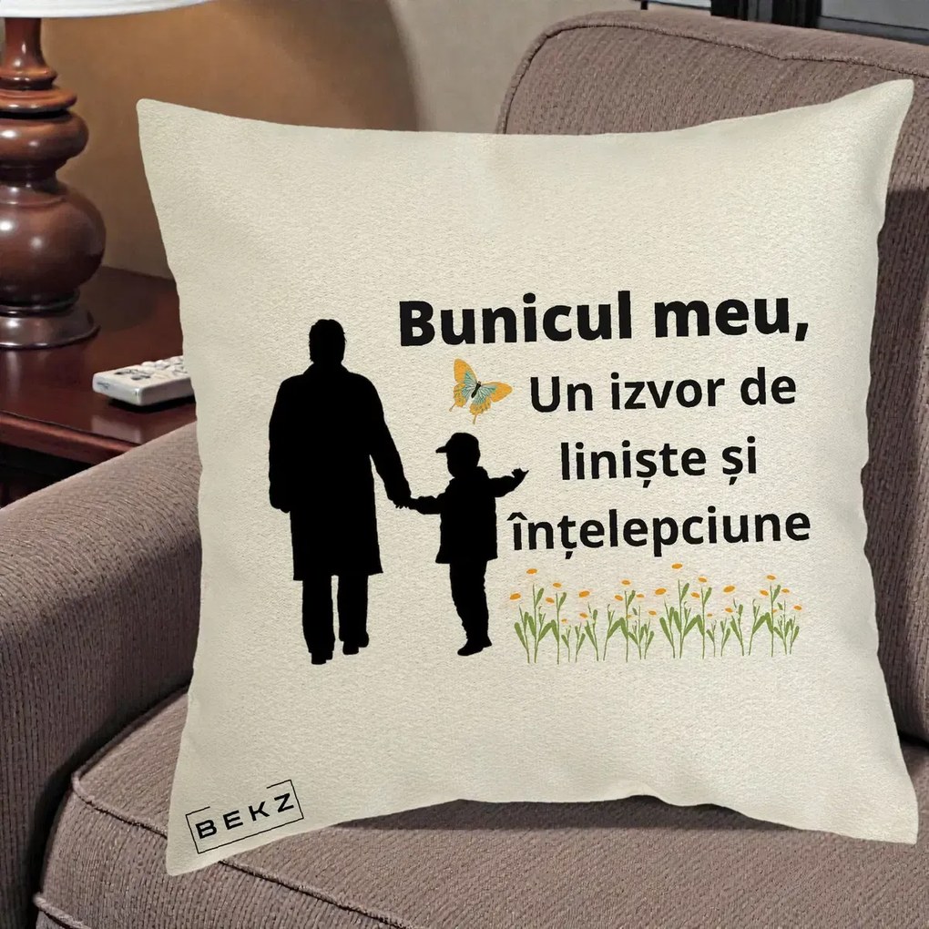 Cadou pentru Bunic - Perna Personalizata Bunicul Meu Izvor de Liniste cu Fluture si Baietel, 40x40 cm, Ecru, Husa Detasabila, Perna Inclusa, BEKZ®