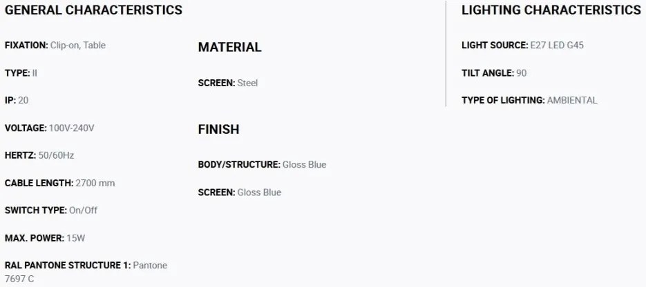 Veioza/Lampa de masa cu clips BELA albastra