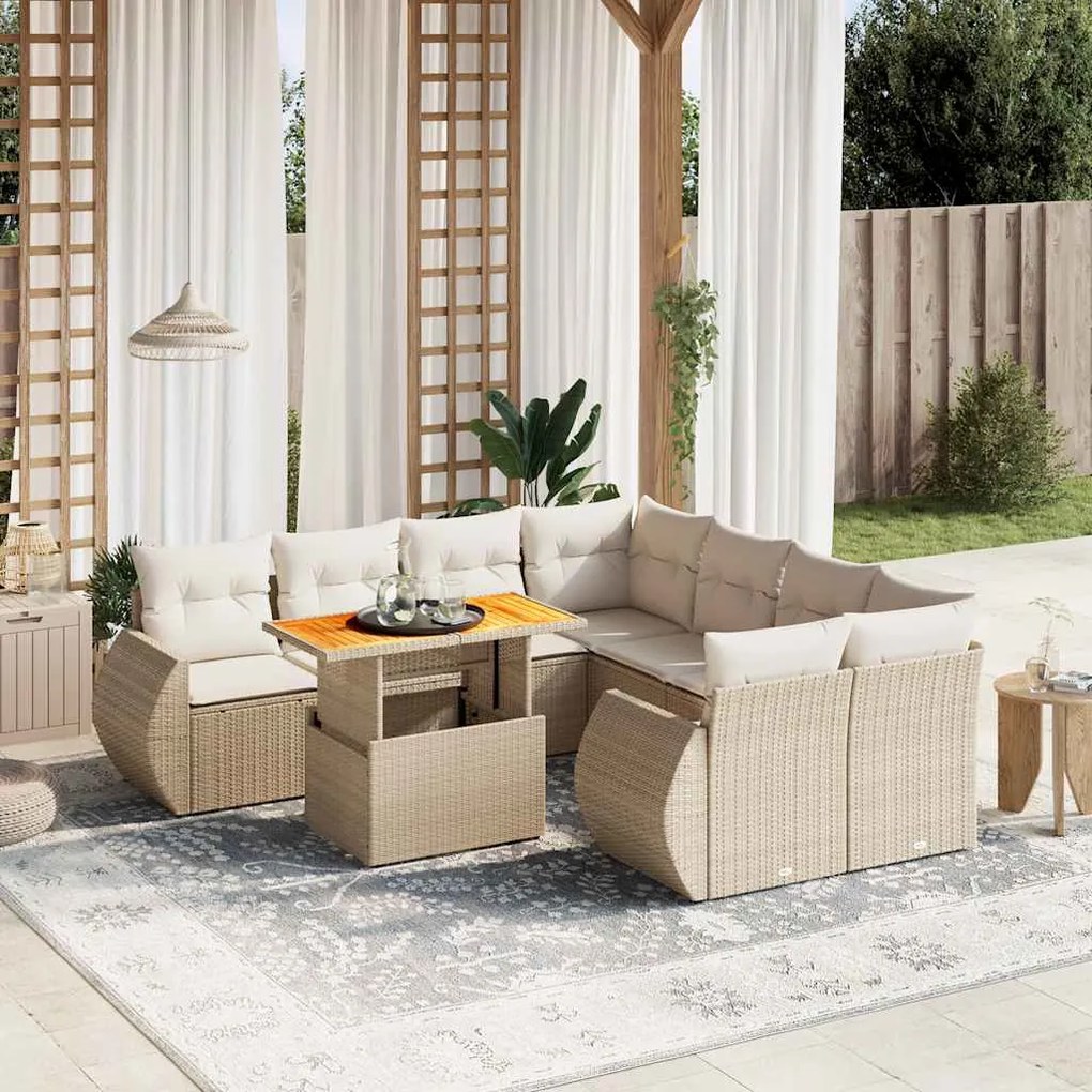 vidaXL Set canapele de grădină, 9 piese, cu perne, bej, poliratan