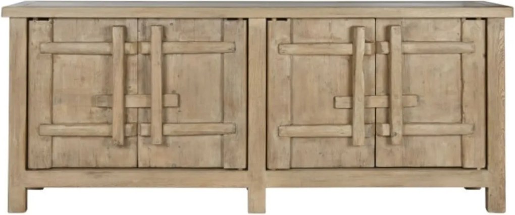 Bufet rustic din lemn de ulm reciclat, natur, cu 4 uși și decor geometric în relief, 96 x 230 x 48 cm, „Ervino”