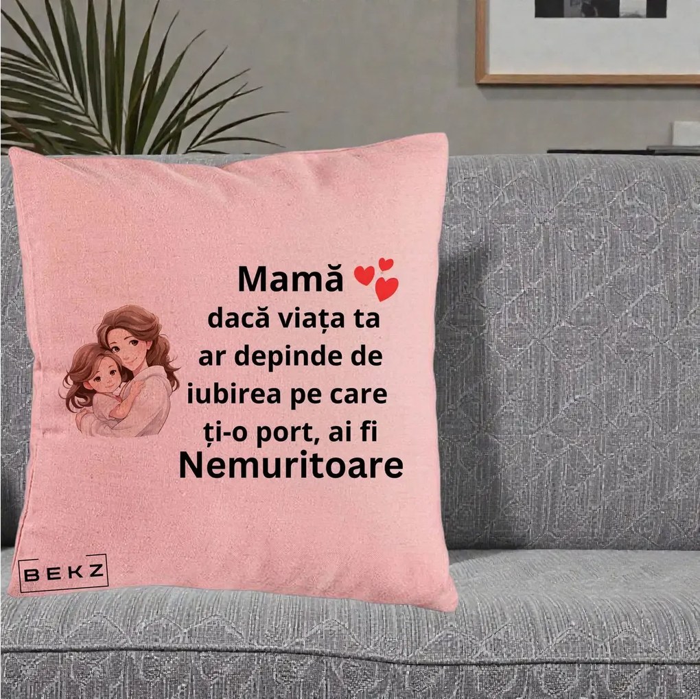 Cadou pentru Mama - Perna Personalizata Mama Nemuritoare cu Balon Inima, 40x40 cm, Roz, Husa Detasabila, Perna Inclusa, BEKZ®