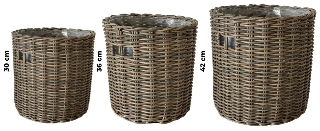 Set de 3 jardiniere rotunde din ratan cu interior din plastic ENS