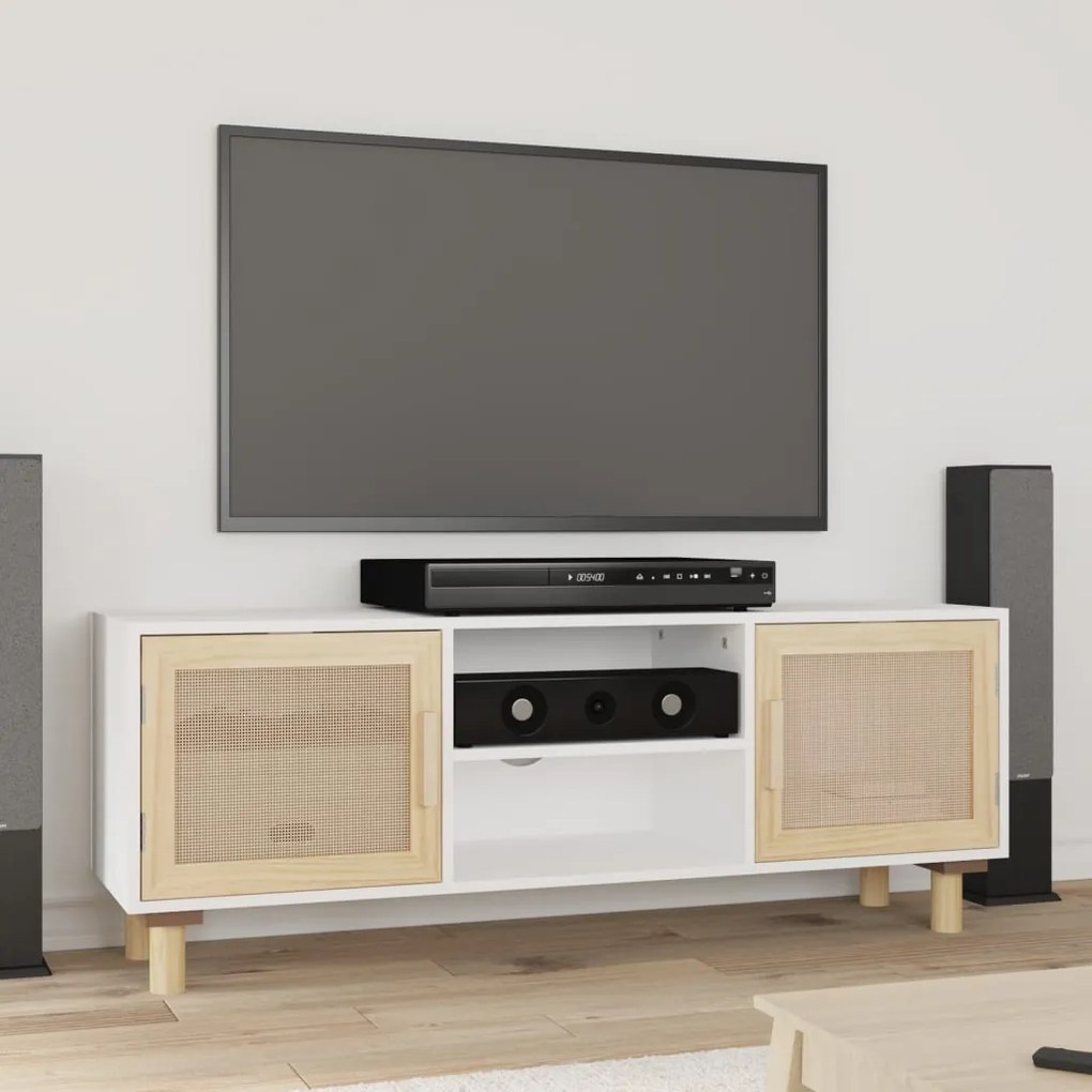 Comoda TV, alb, 105x30x40 cm lemn masiv pin si ratan natural 1, Alb
