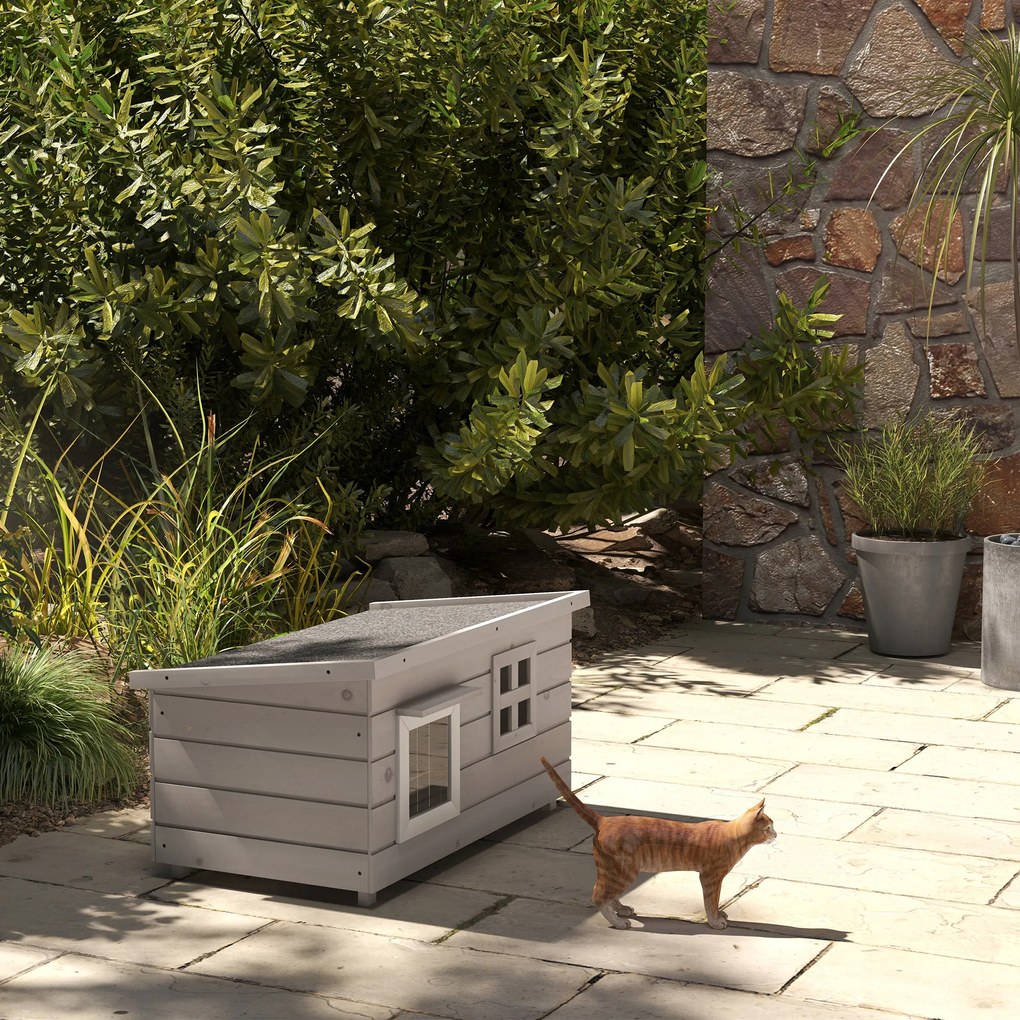 Casa din lemn pentru pisici Pawhut, Canisa de adapost ridicata pentru pisici, Casuta de joaca pentru animale de companie, cu acoperis de asfalt, Cortina din PVC, Fereastra, 87 x 52 x 48 cm, Gri | Aosom Romania