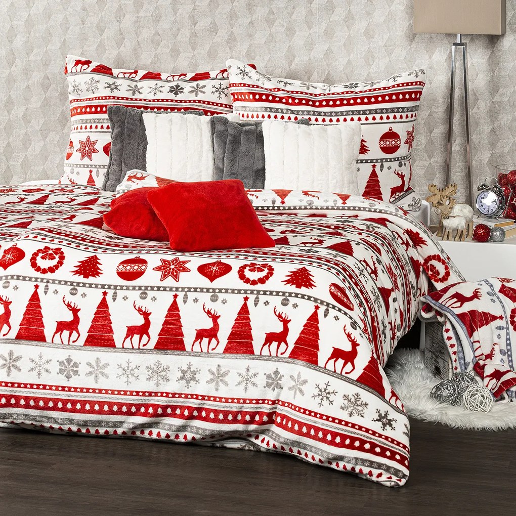 Lenjerie pat micro-flanelă Crăciun 4Home Christmas Time, roșu, 160 x 200 cm, 70 x 80 cm