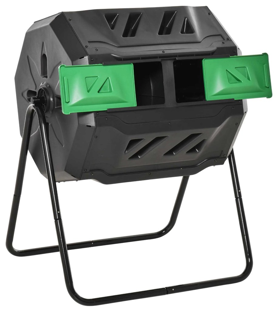 Outsunny Compostor cu 2 Behăuri, Capacitate de 160L, rotativ, 71cm x 65cm x 96cm, Verde + Negru | Aosom Romania