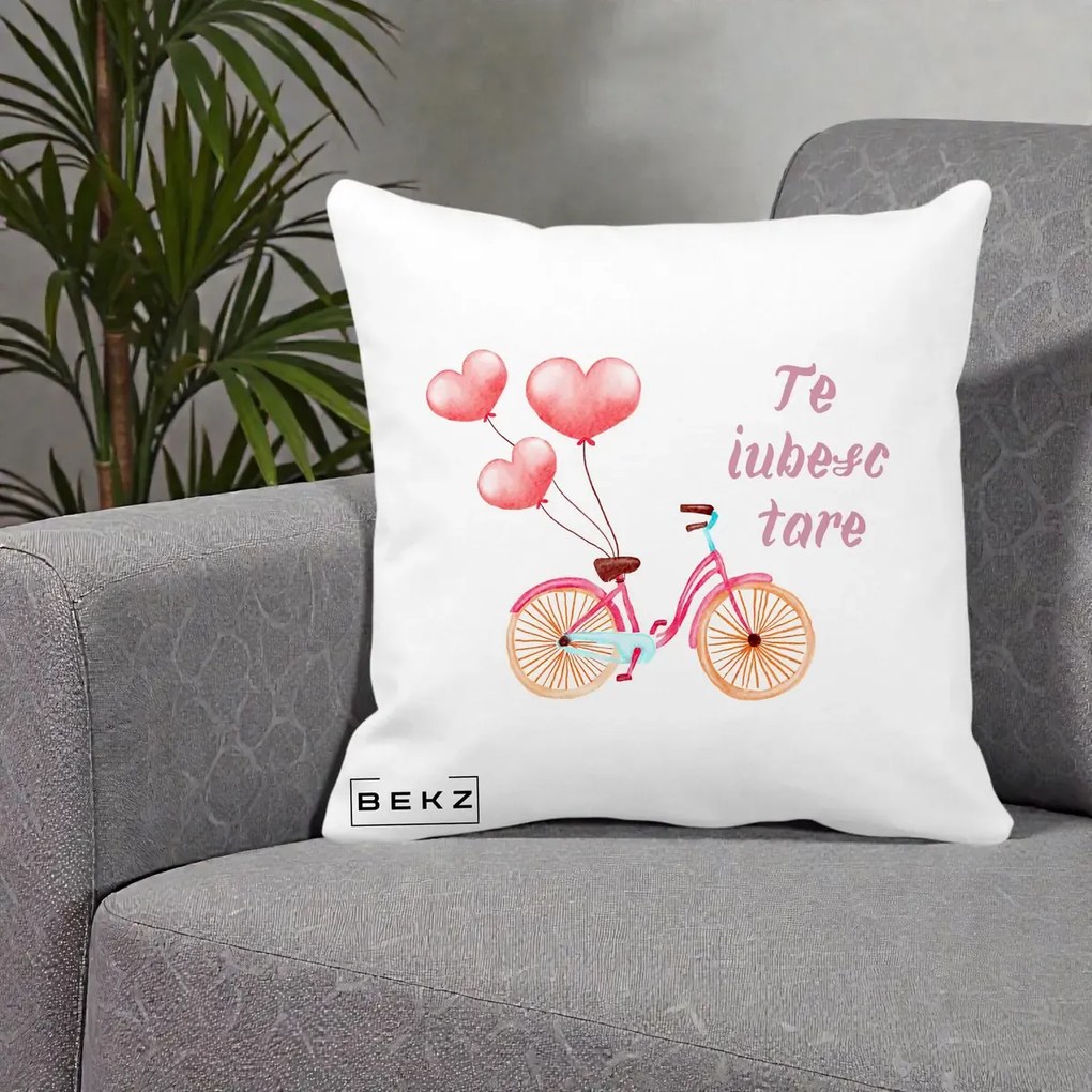 Perna Decorativa Te Iubesc Tare cu Bicicleta Roz si Baloane Inima, 40x40 cm, Alba Mata, Husa Detasabila, Perna Inclusa, BEKZ®
