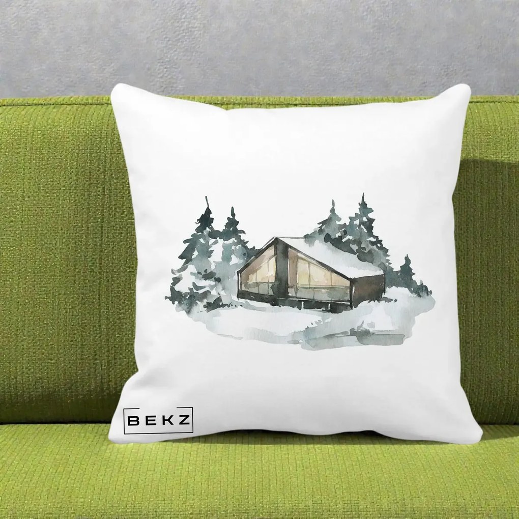 Perna Decorativa Cabana de Iarna in Padure, 40x40 cm, Alba Mata, Husa Detasabila, Perna Inclusa, BEKZ®