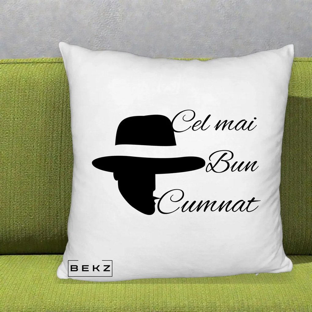 Cadou pentru Cumnat - Perna Personalizata Cel mai Bun Cumnat cu Silueta Palarie, 40x40 cm, Alb Pufos, Husa Detasabila, Perna Inclusa, BEKZ®