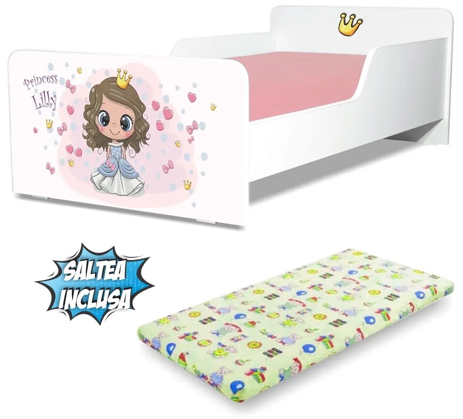 Pat copii Printesa Lilly 2-12 ani cu saltea  inclusa - PC-P-MOK-LIL-80