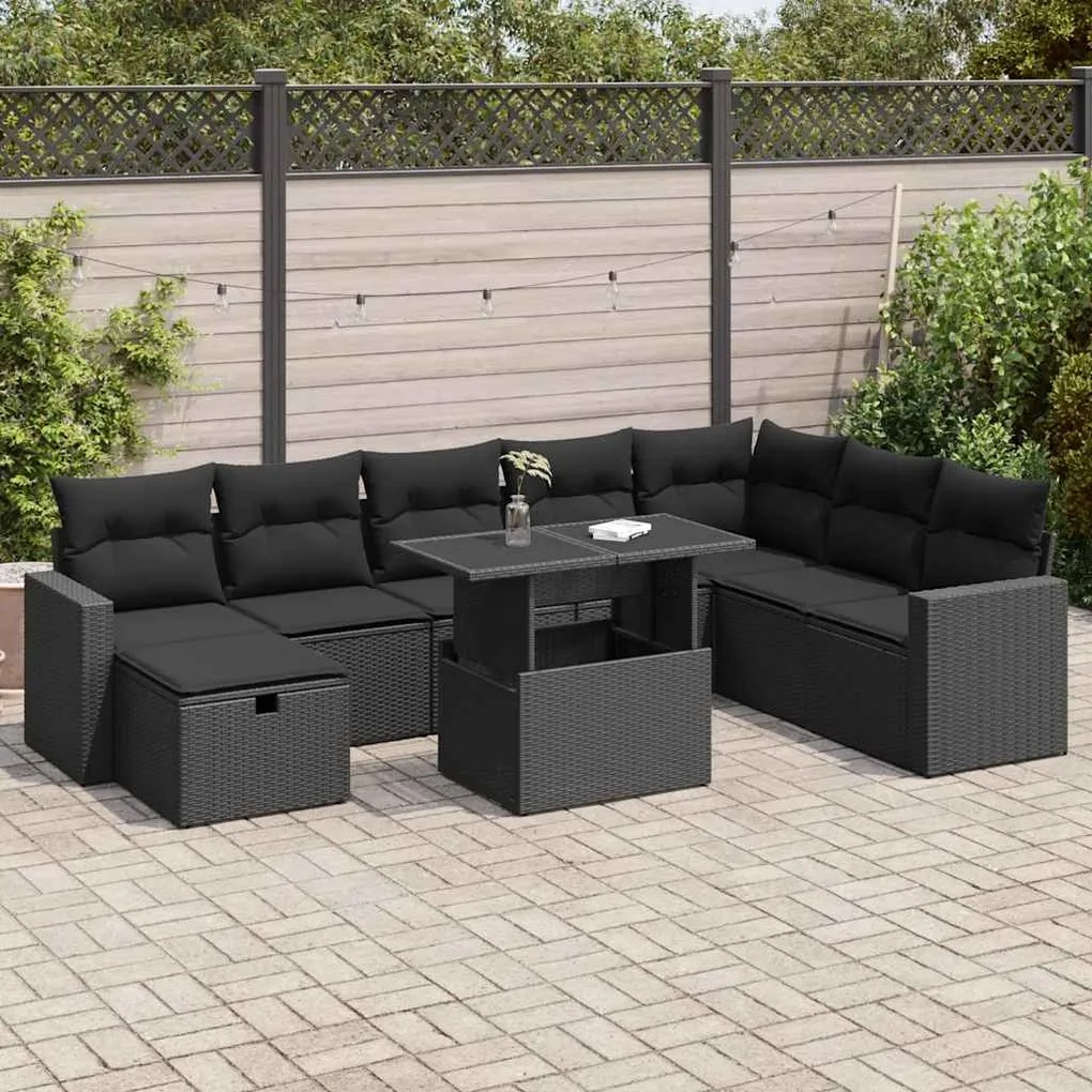 3327835 vidaXL Set mobilier de grădină cu perne, 9 piese, negru, poliratan