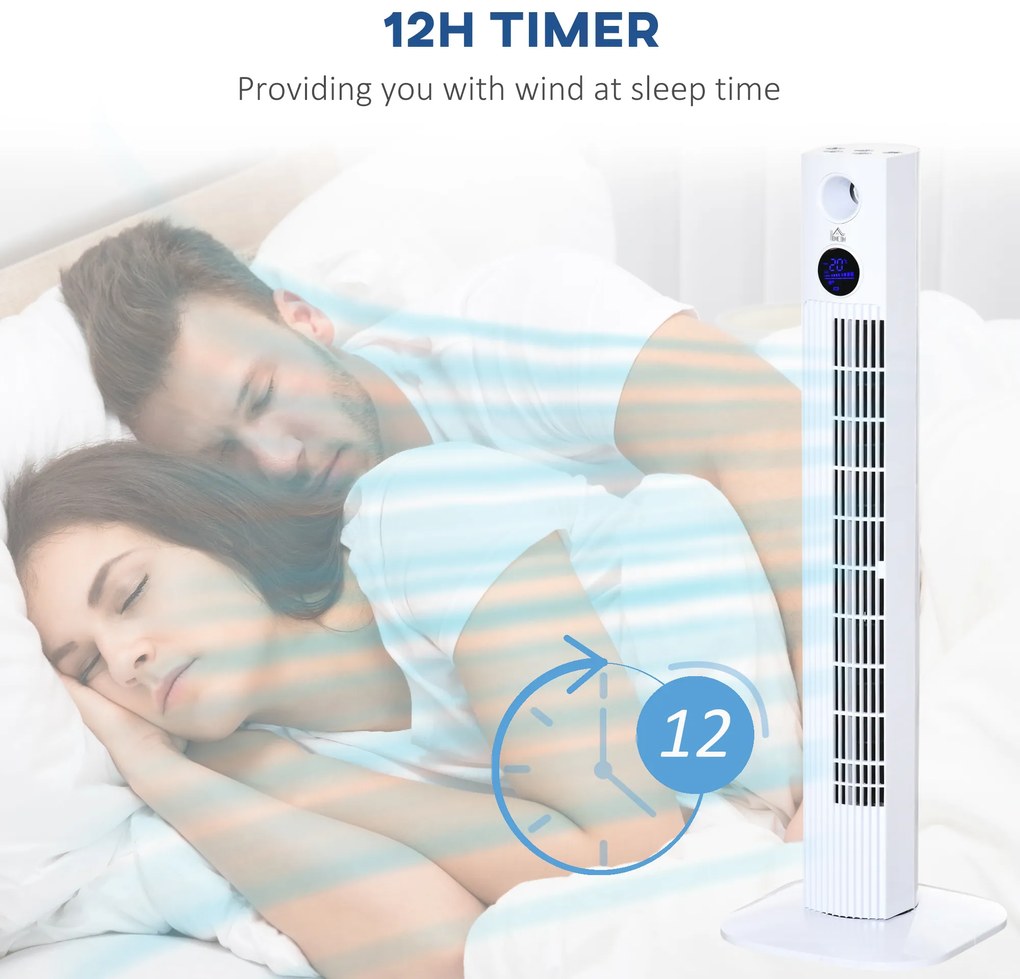 HOMCOM Ventilator Turn cu 3 Moduri și 3 Viteze cu Cronometru 12h, Ventilator de Podea cu Telecomandă, 31,5x31,5x96 cm, Alb | Aosom Romania