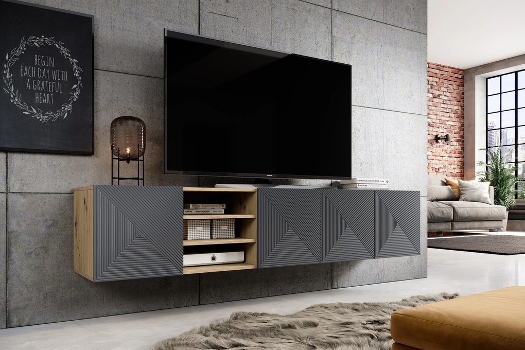 Comodă TV suspendată Asha 200 cm cu front canelat și nișă - artisan / rivier stone mat