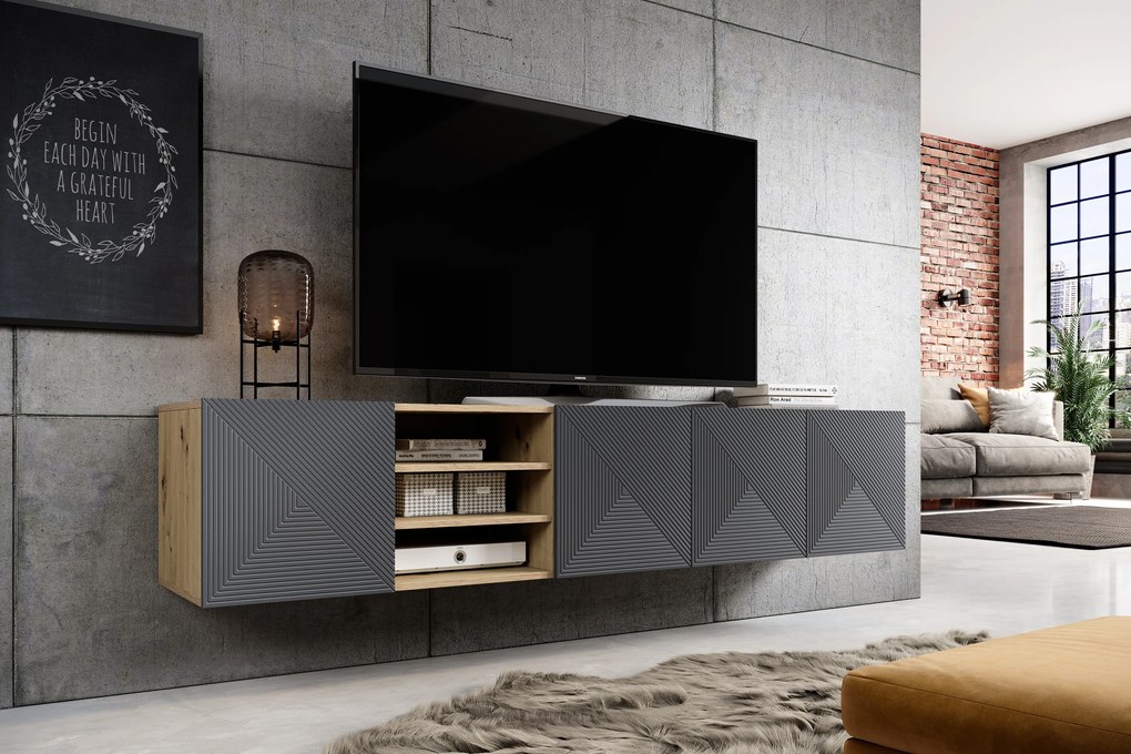 Dulap TV suspendată Asha 200 cm, partea frontală riflat și nișă – stejar artisan / rivier stone mat