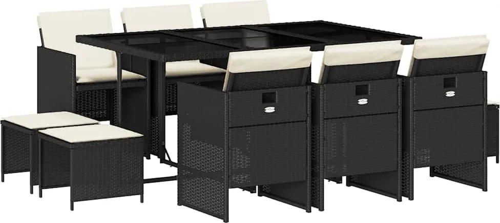 vidaXL Set mobilier de exterior cu perne, 11 piese, negru, poliratan