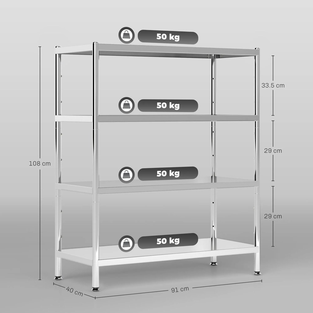 HOMCOM Raft de Depozitare pentru Bucătărie cu 4 Nivele din Oțel Inoxidabil 201 Argintiu | Aosom Romania