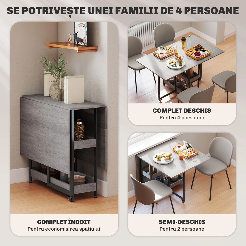 HOMCOM Masă Pliabilă cu 2 Blaturi Rabatabile pentru 4 Persoane cu 2 Rafturi Deschise, Gri | Aosom Romania
