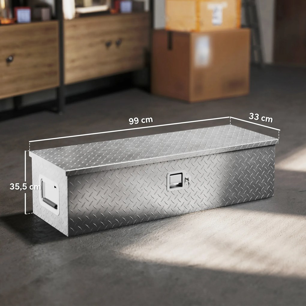 HOMCOM Cufăr pentru unelte pentru remorcă cutie de depozitare din aluminiu mânere late și antiderapante 99 x 33 x 25,5 cm argintiu | Aosom Romania