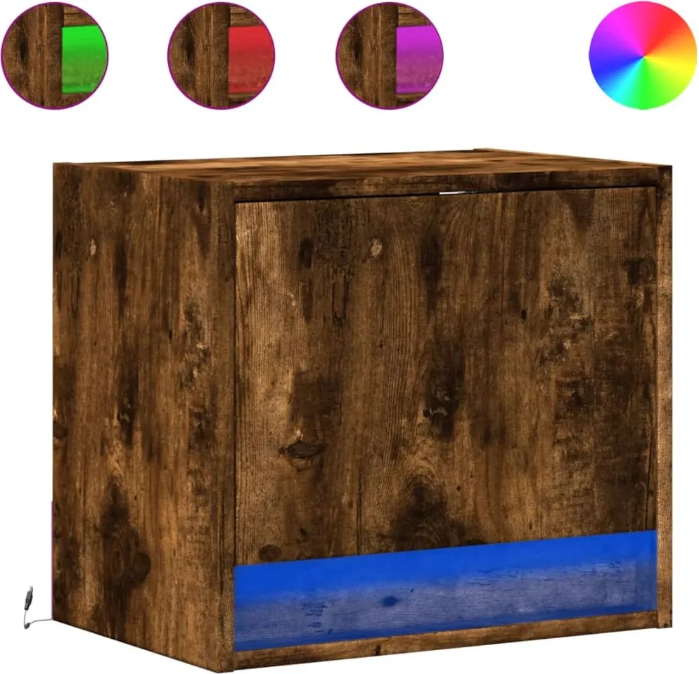 vidaXL Noptiere montate pe perete cu lumini LED, 2 buc.,stejar fumuriu
