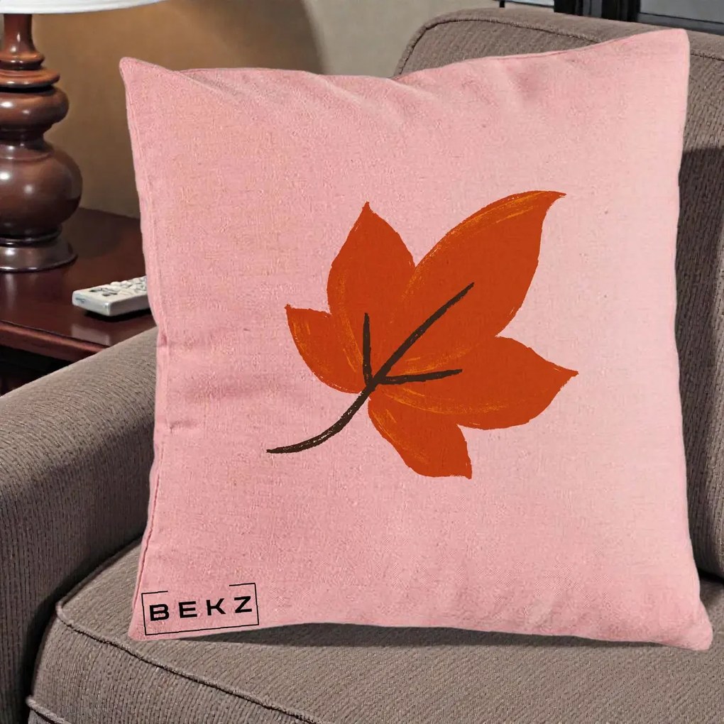 Perna Decorativa Frunza de Toamna Portocalie, 40x40 cm, Roz, Husa Detasabila, Perna Inclusa, BEKZ®