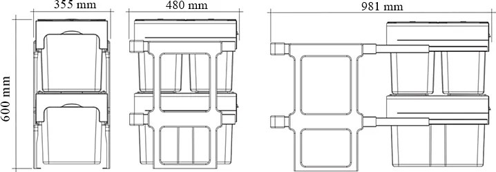 Cos gunoi incorporabil Ecomax Tandem Short 40, colectare selectiva, gri, 1 x 34 l + 2 x 12 l Polipropilena Metal, 400 mm, L:355 mm; A:480 mm; H:600
