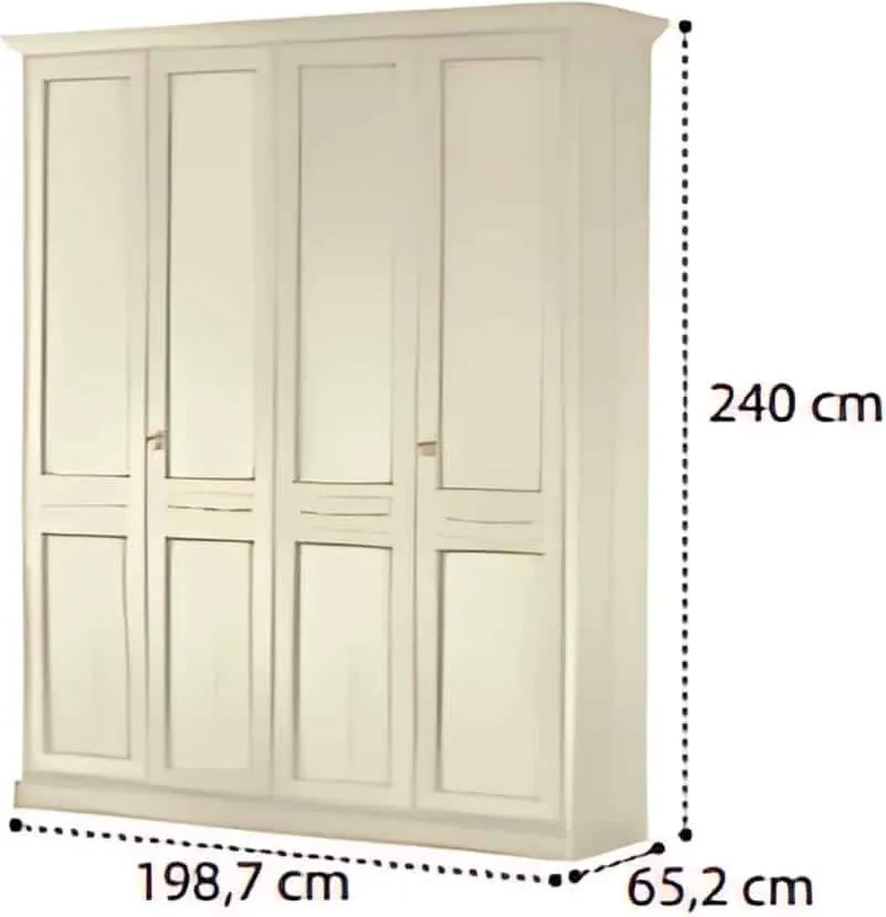 Dulap lemn masiv crem 4 Uși Bologna Patinat, 199 × 65 × 240 cm - Cu patru usi cu oglinzi