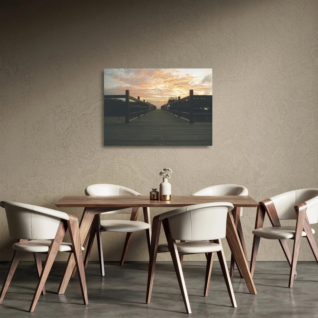 Tablou pe sticlă - Ponton de lemn, lac (70x50 cm)