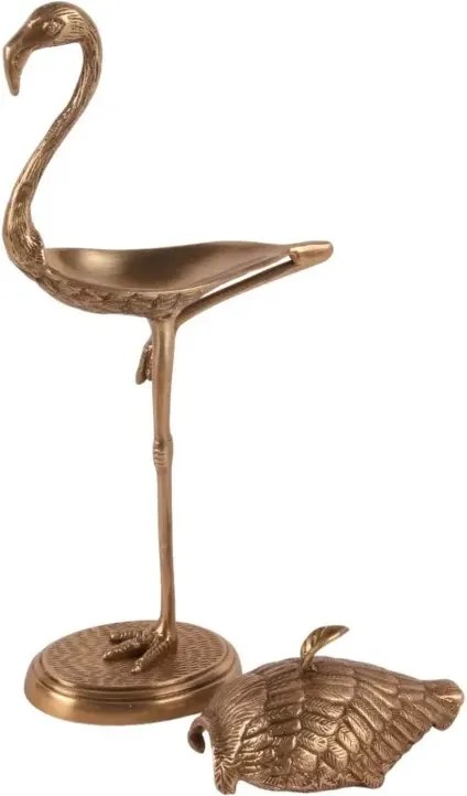Cutie decorativă din alamă, aurie, în formă de flamingo, cu compartiment secret, finisaj antichizat, 29 x 15 x 7 cm, „Flamenco”