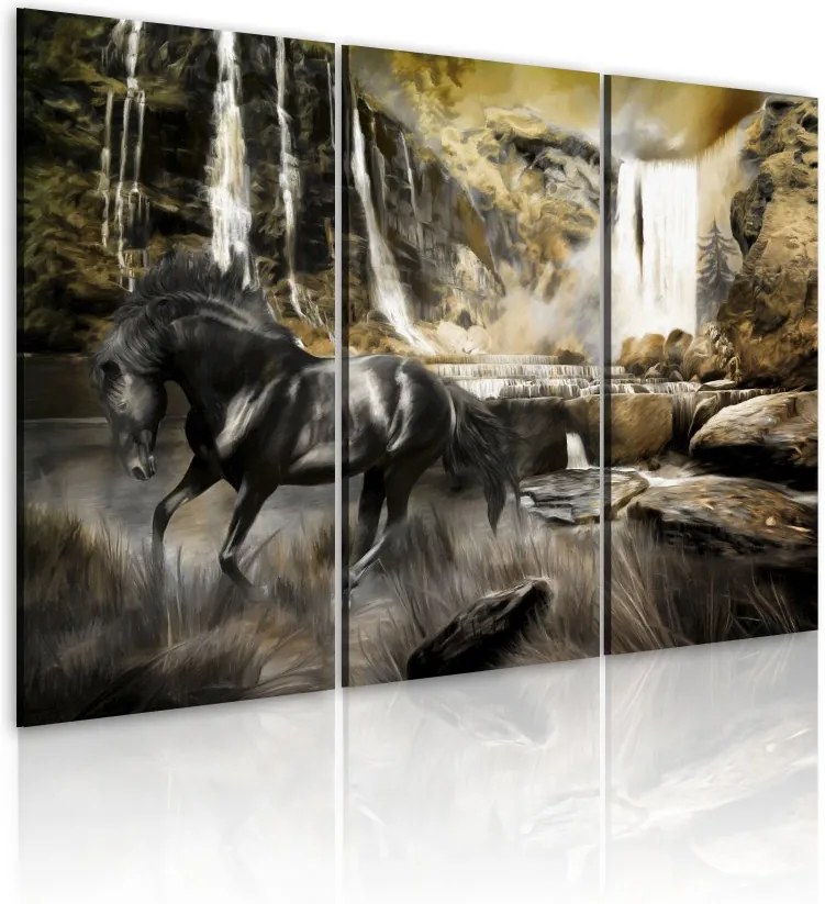 Tablou Bimago - Black horse and rocky waterfall 60x40 cm