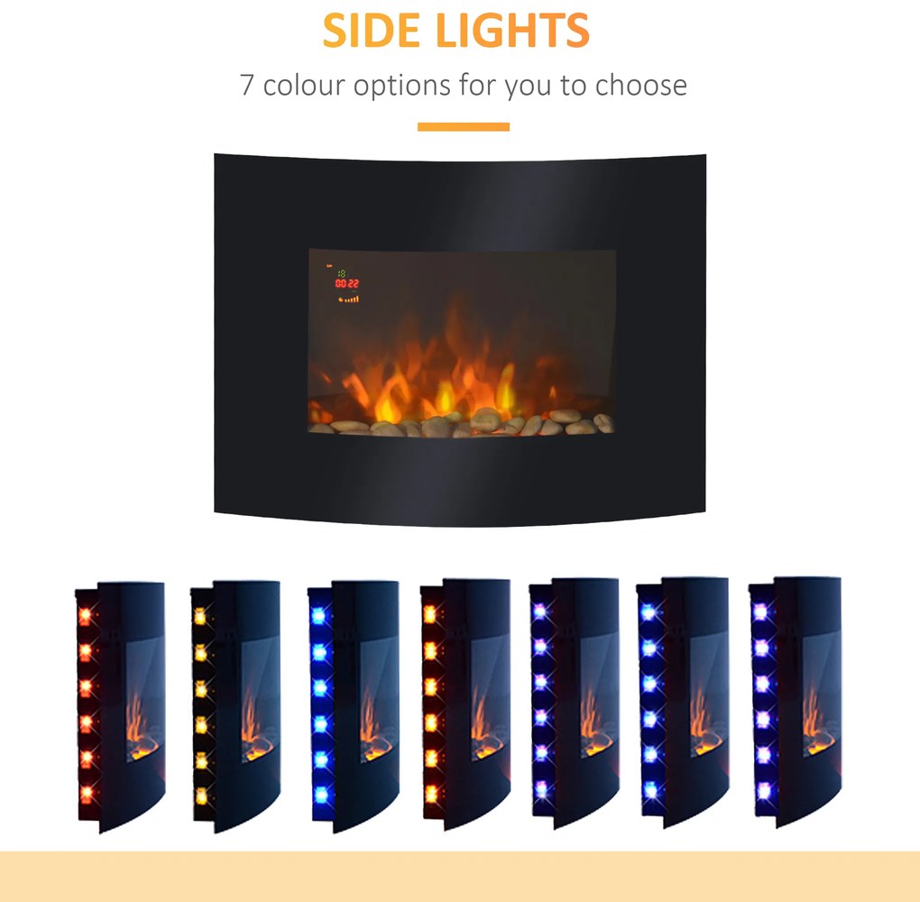 HOMCOM Șemineu Electric de Perete 900/1800W Încălzire cu Efect de Flacără 3D Reglabil, Șemineu Electric cu Lumină LED în 7 Culori, Telecomandă, Temporizator și Termostat, 30 m², Negru | Aosom Romania