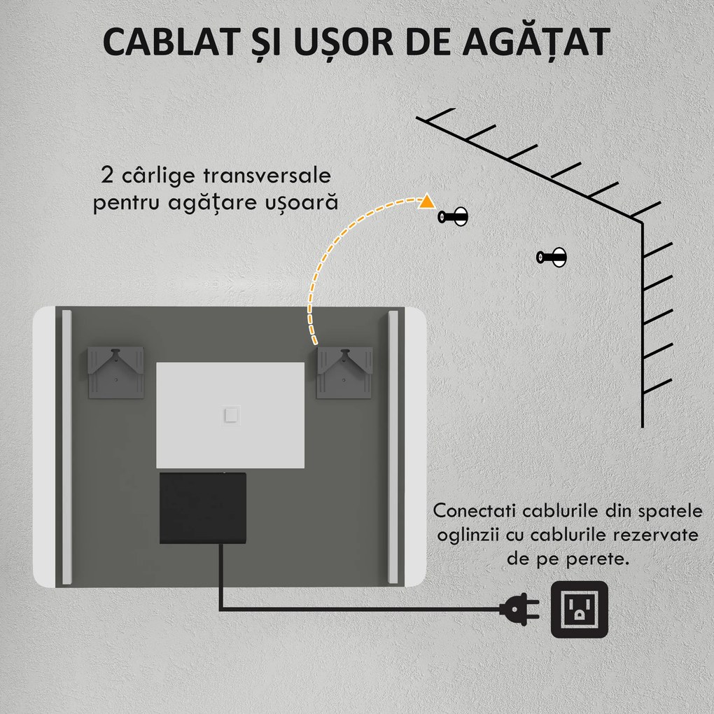 kleankin Oglindă Iluminată LED pentru Baie, Oglindă de Machiaj Reglabilă, 70x50 cm, Eleganță și Funcționalitate | Aosom Romania