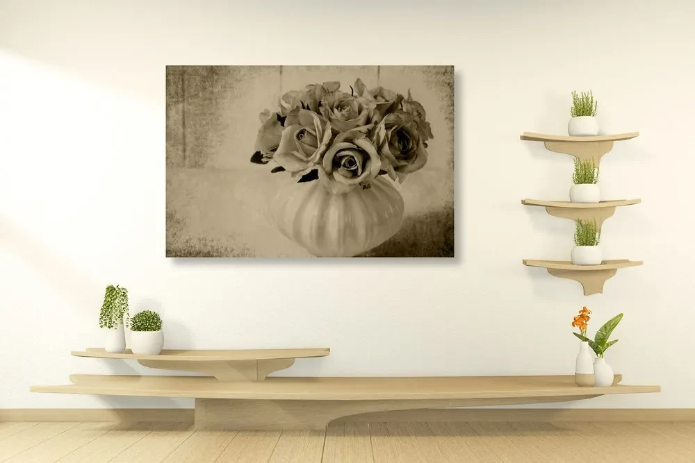 Tablou trandafiri în vază în design sepia