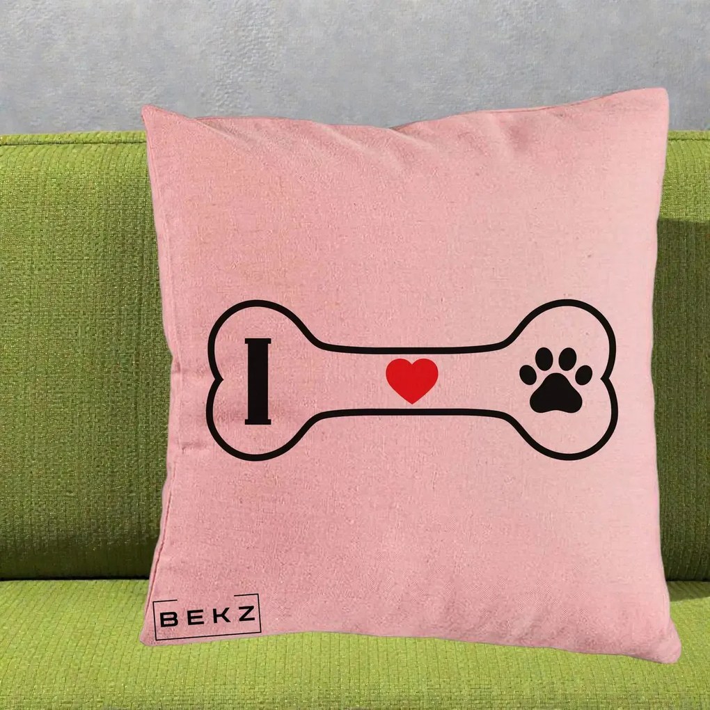 Perna Personalizata I Love Dog Os si Labuta, 40x40 cm, Roz, Husa Detasabila, Perna Inclusa, BEKZ®