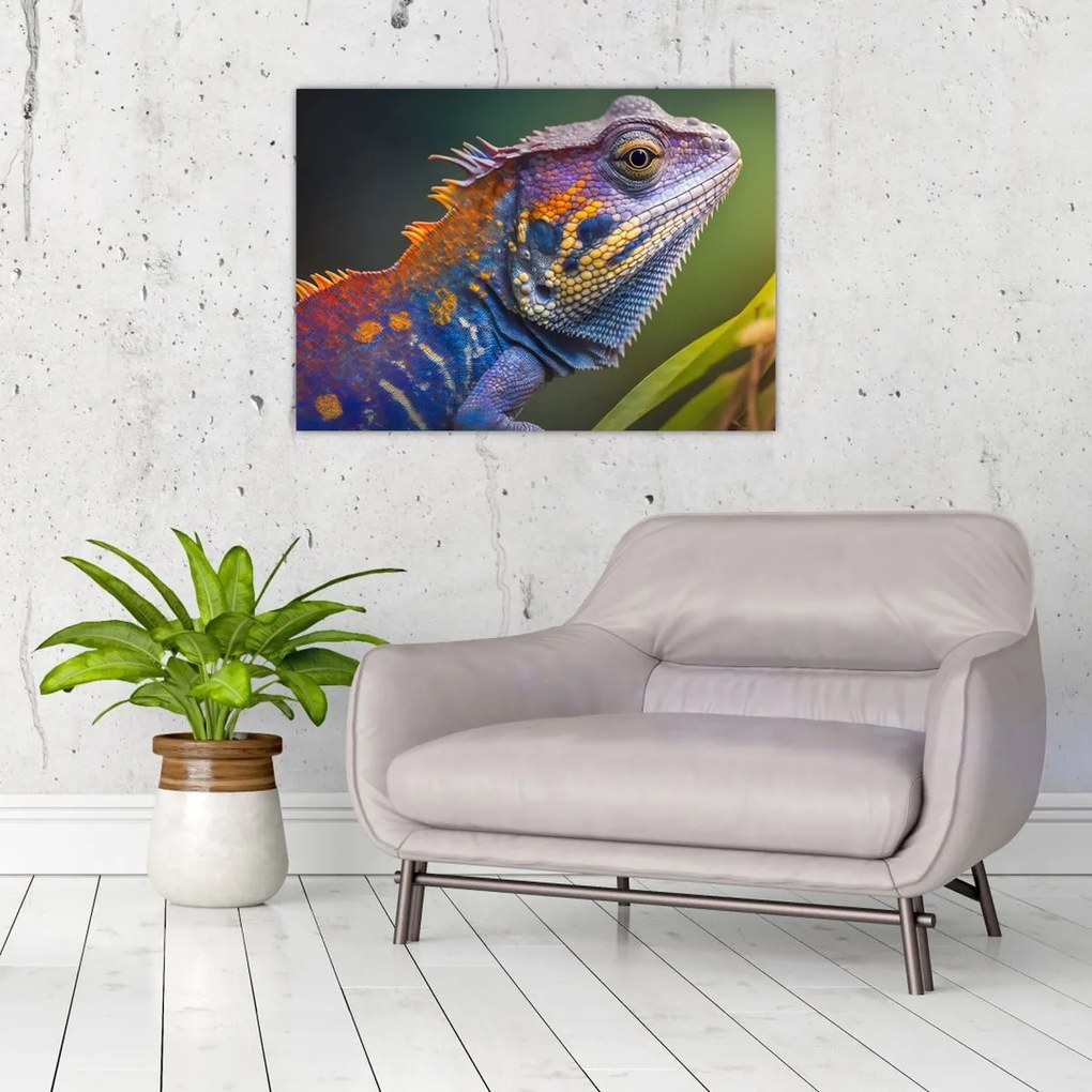 Tablou pe sticlă - Iguana colorată (70x50 cm)