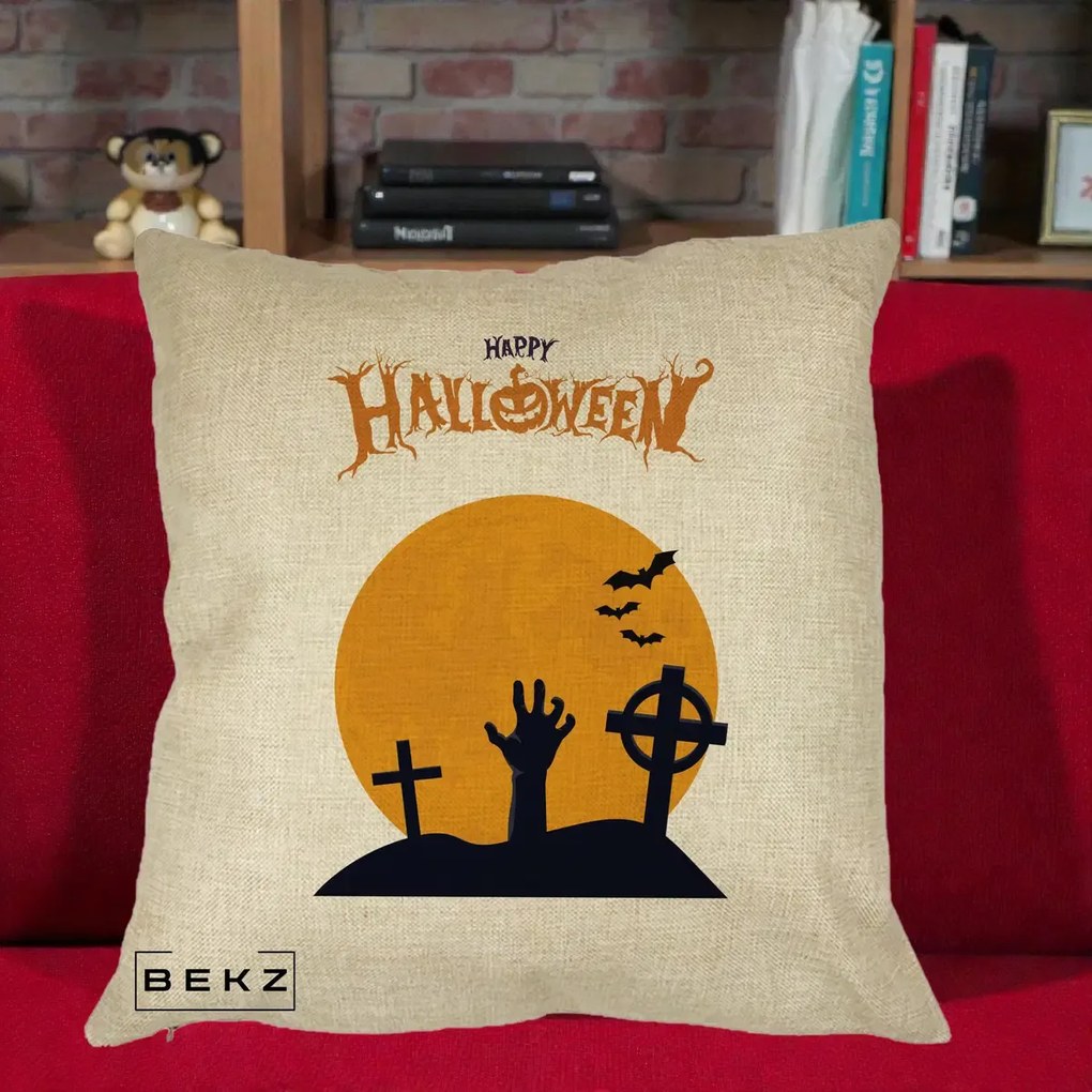 Perna Decorativa Happy Halloween Cimitir cu Luna, 40x40 cm, Crem, Husa Detasabila, Perna Inclusa, BEKZ®