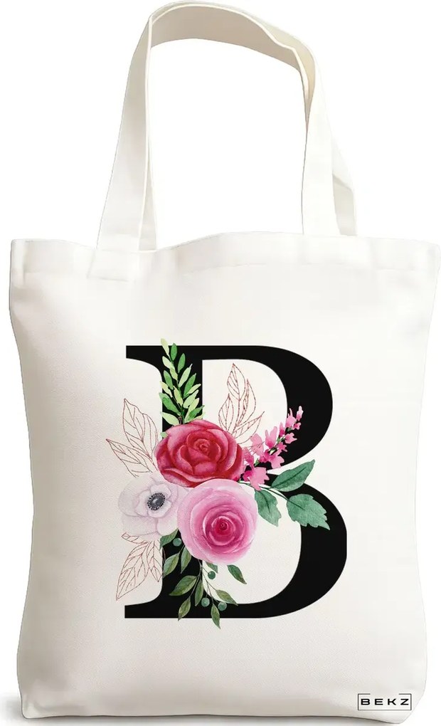 Sacosa de Panza pentru Cumparaturi, Geanta Tote, Cu litera B si Trandafiri, 38x34.5 cm, Alba, BEKZ®