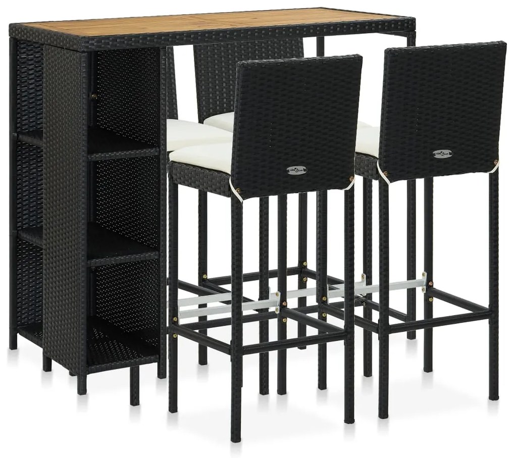 vidaXL Set mobilier bar de grădină cu perne, 5 piese, negru, poliratan