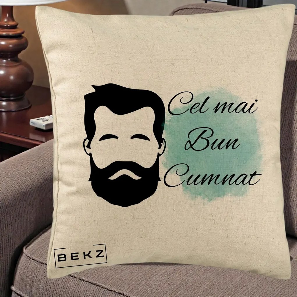 Cadou pentru Cumnat - Perna Personalizata Cel mai Bun Cumnat cu Portret Barbat si Pete Teal, 40x40 cm, Bej, Husa Detasabila, Perna Inclusa, BEKZ®