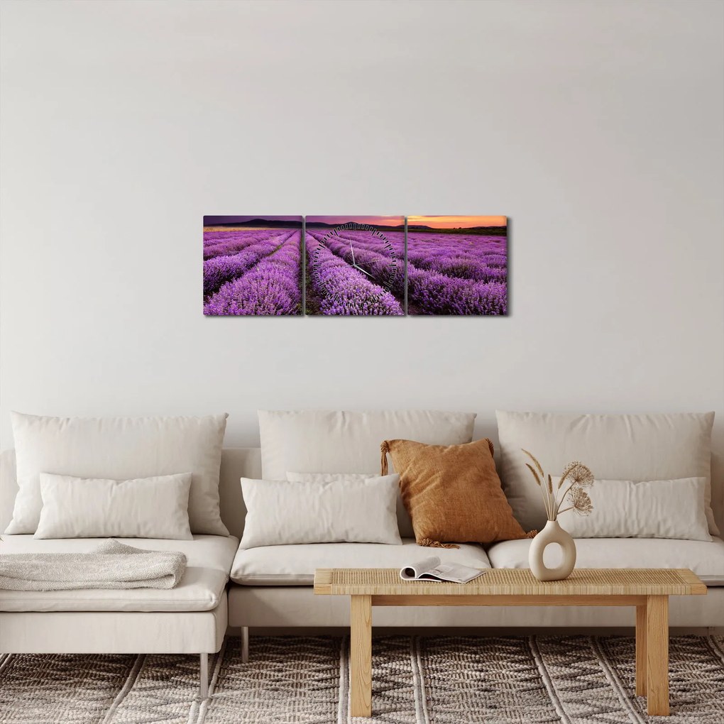 Tablou - Câmp de lavandă la apus de soare (cu ceas) (90x30 cm)