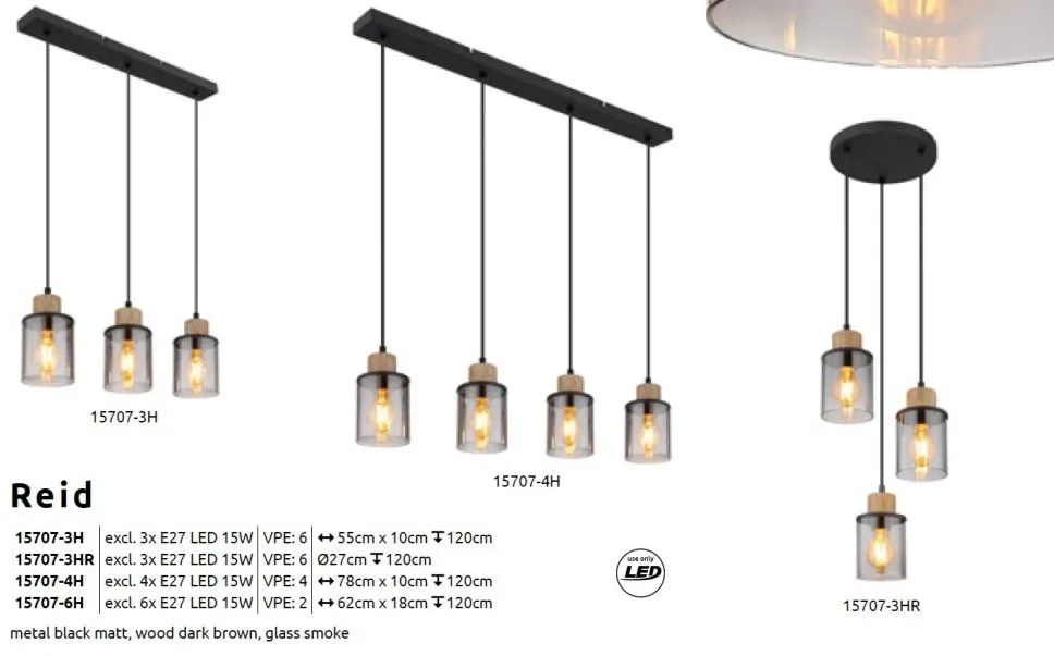 Lustra 3L design modern REID negru, fumuriu, maro inchis