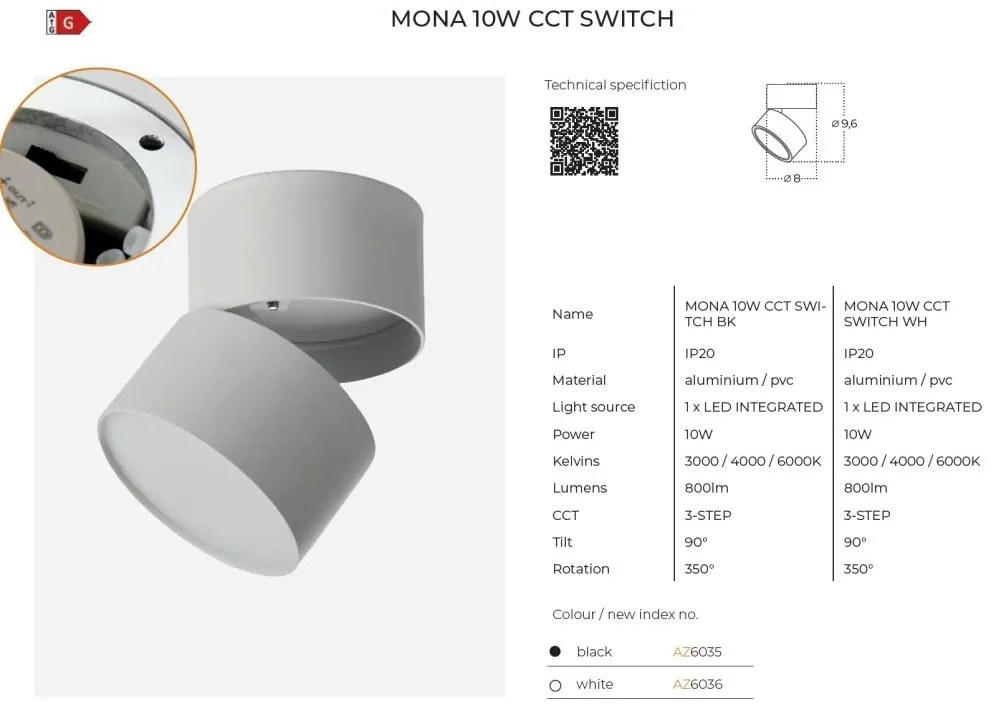 Spot LED aplicat reglabil MONA 10W CCT SWITCH alb
