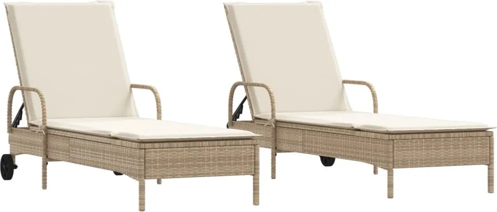 vidaXL Șezlonguri de plajă cu perne, 2 buc., bej, poliratan