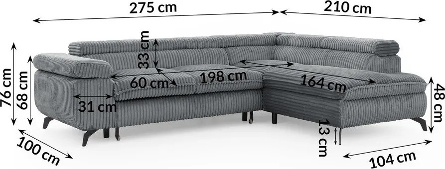 Colțar gri cu tapițerie din catifea reiată (cu colț pe partea dreaptă/în formă de ”L”) Marbeya – Ropez