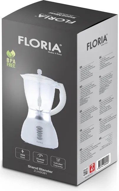Blender FLORIA ZLN3081 ALB, Putere 300W, capacitate 1.5L, 3 viteze, Functie pulss, vas de plastic